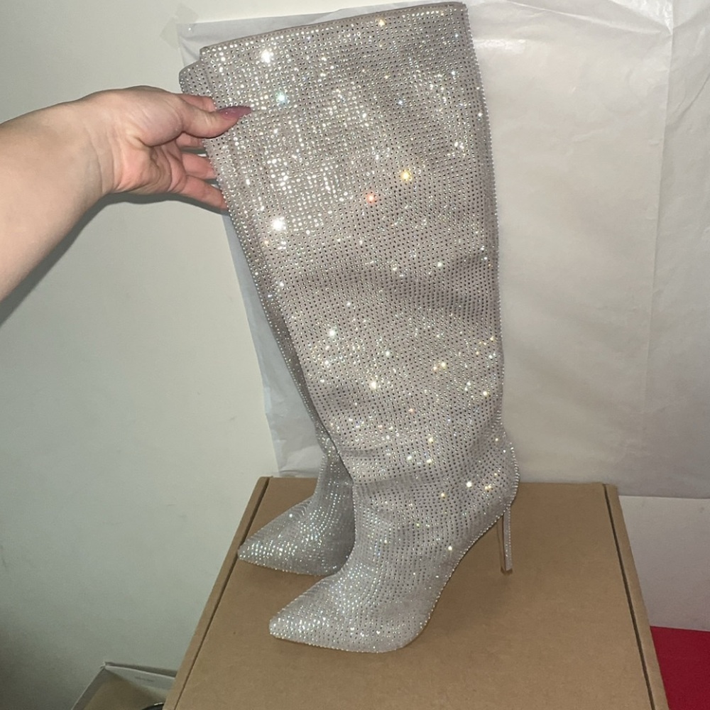 Bellini Silver Rhinestone Knee-High Heeled Boots